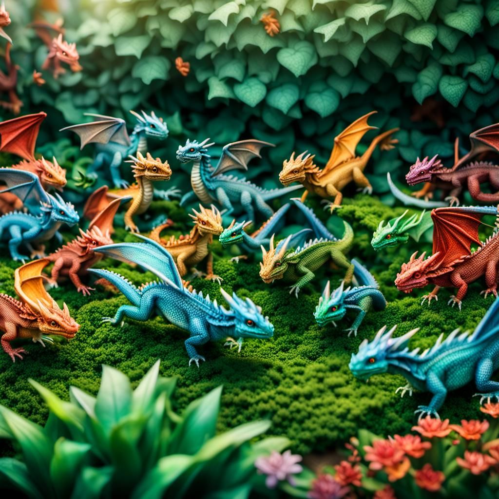 Colorful Dragons Fly Through a Detailed Garden