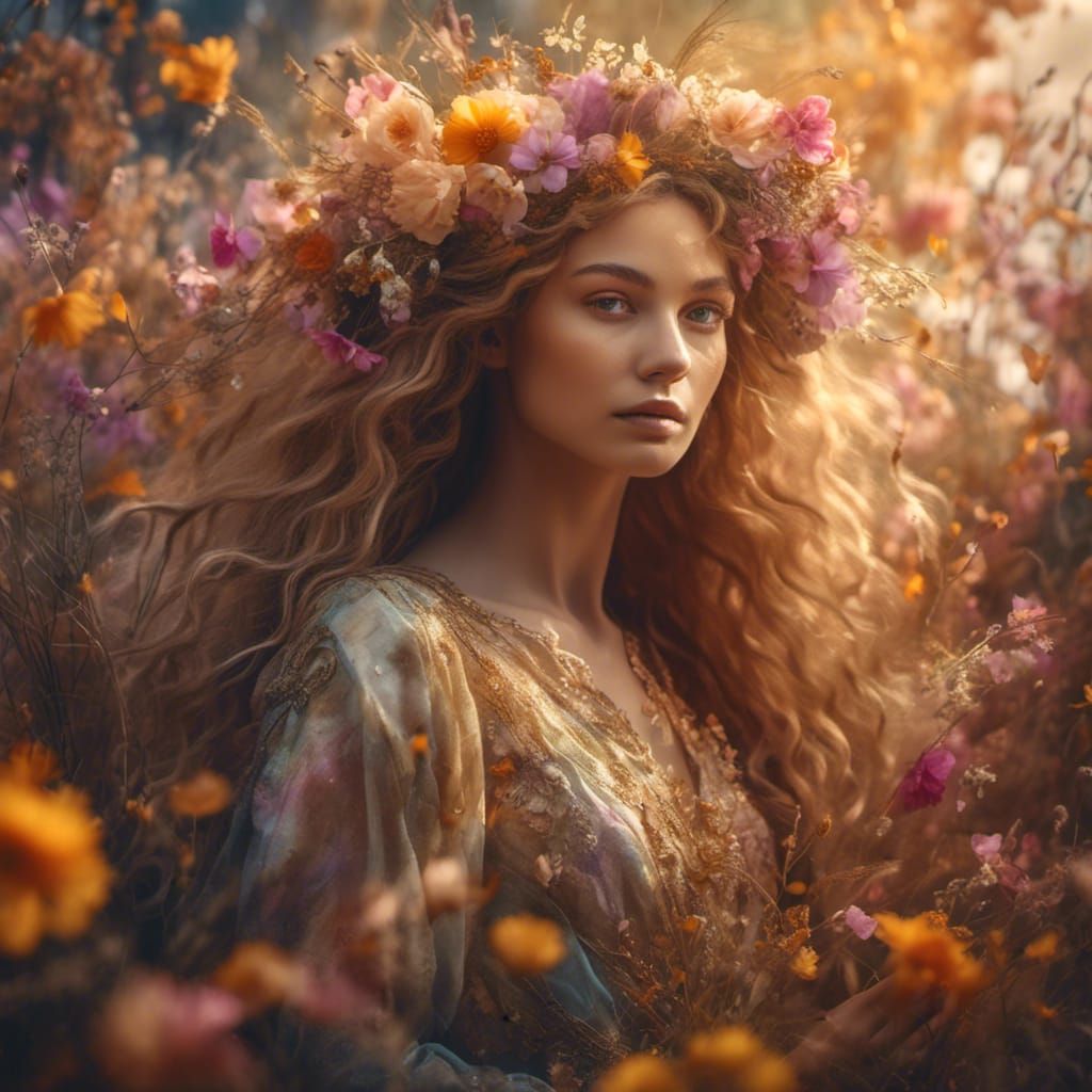 Ethereal Woman Merging with Nature in Golden Light