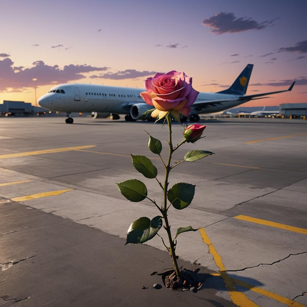 Deserted Airport Terminal with Rose, Digital Painting