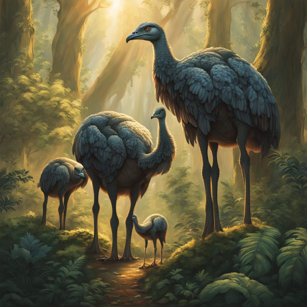 Moa Family in Forest Clearing: Oil Painting