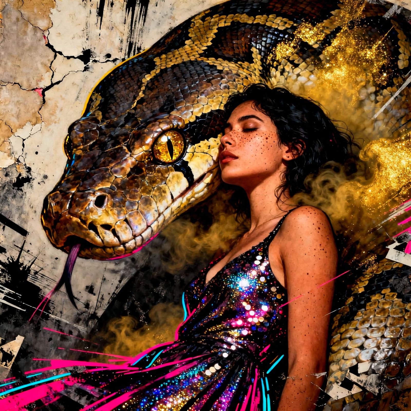 Low Angle Noir Painting: Woman and Anaconda Bond