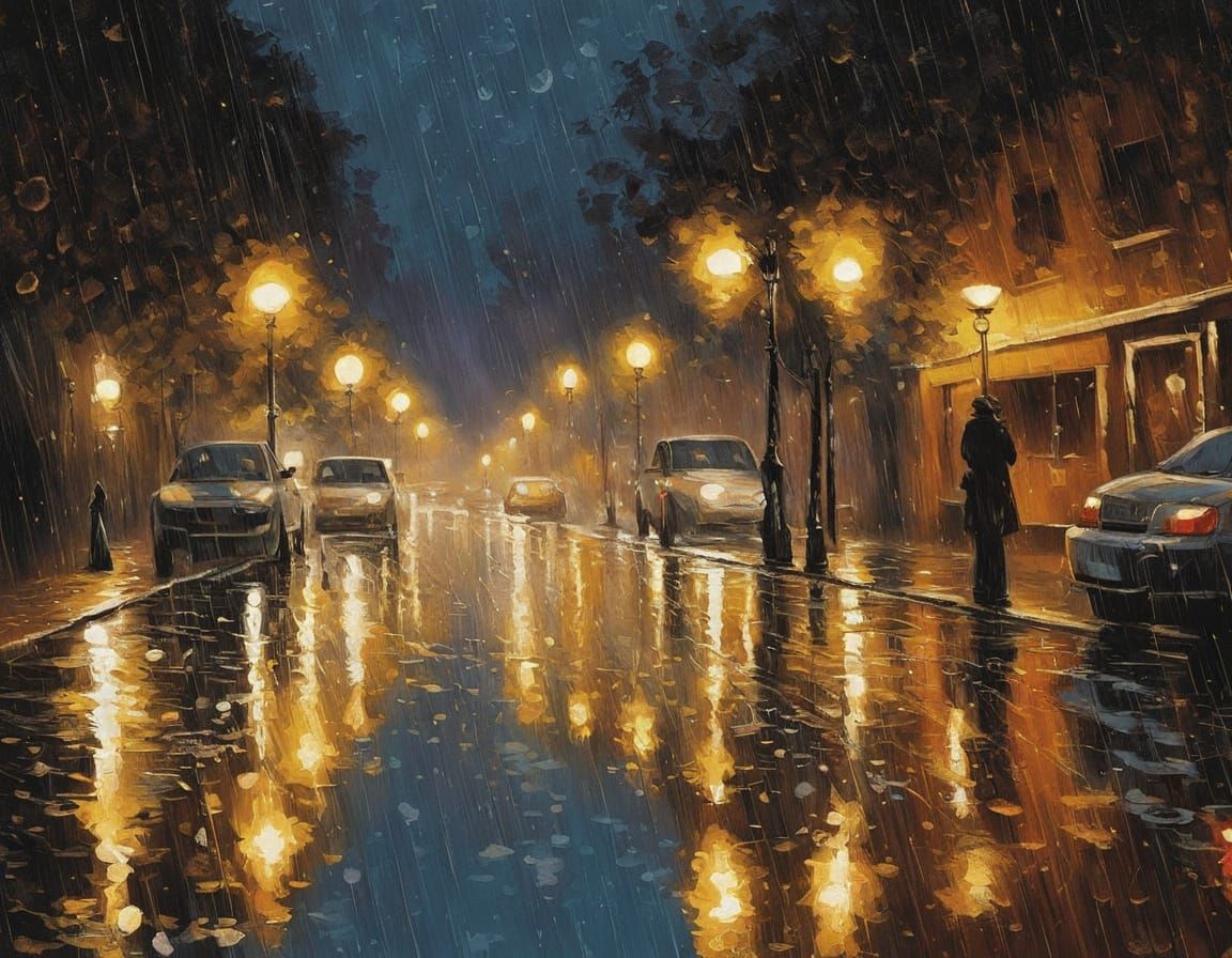 Rainy Night Street Scene with Shimmering Lights