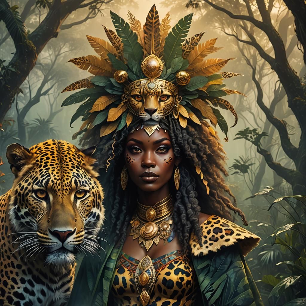 African Witch Rides Leopard in Afro-Surrealist Style