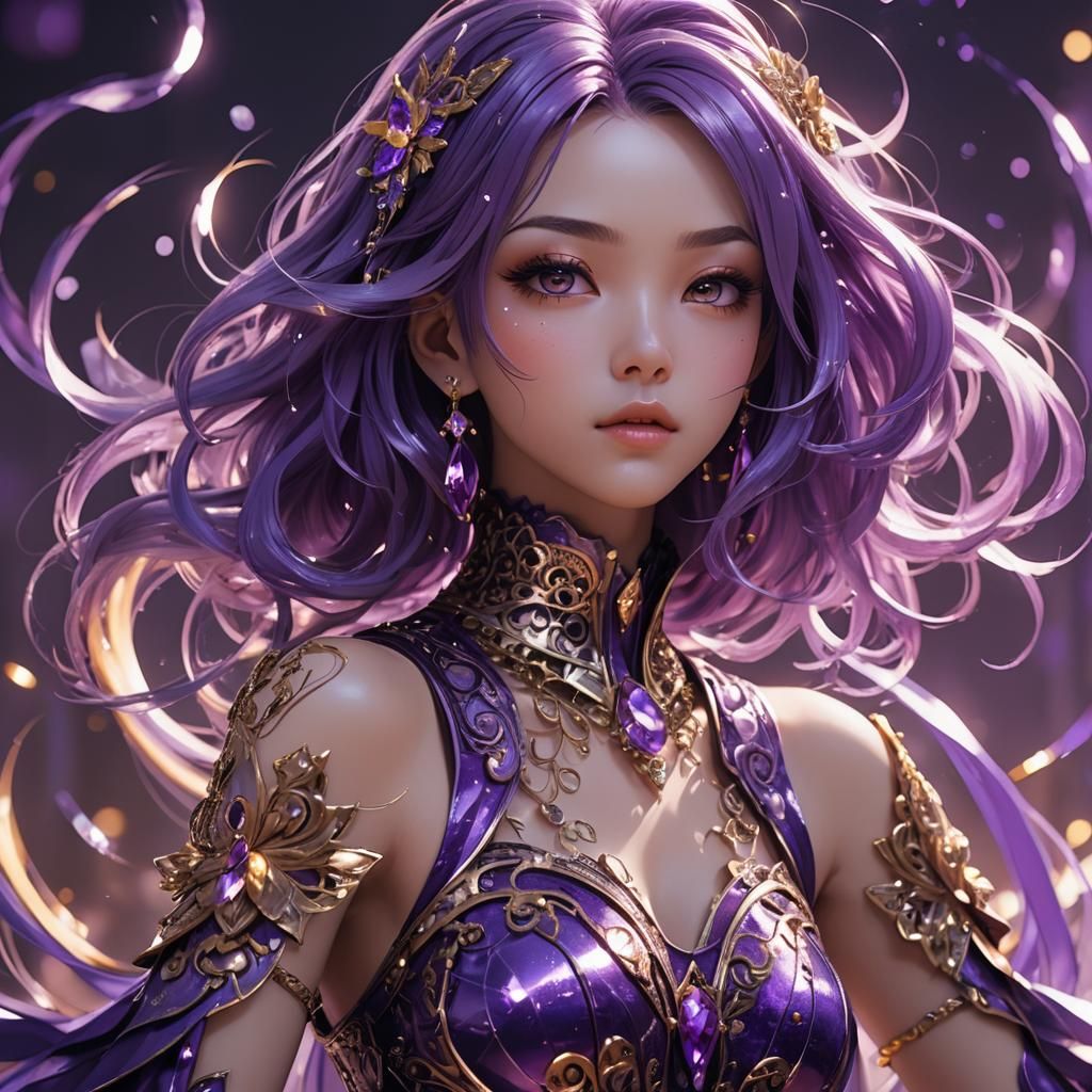 Anime Girl Portrait with Flowing Purple Hair