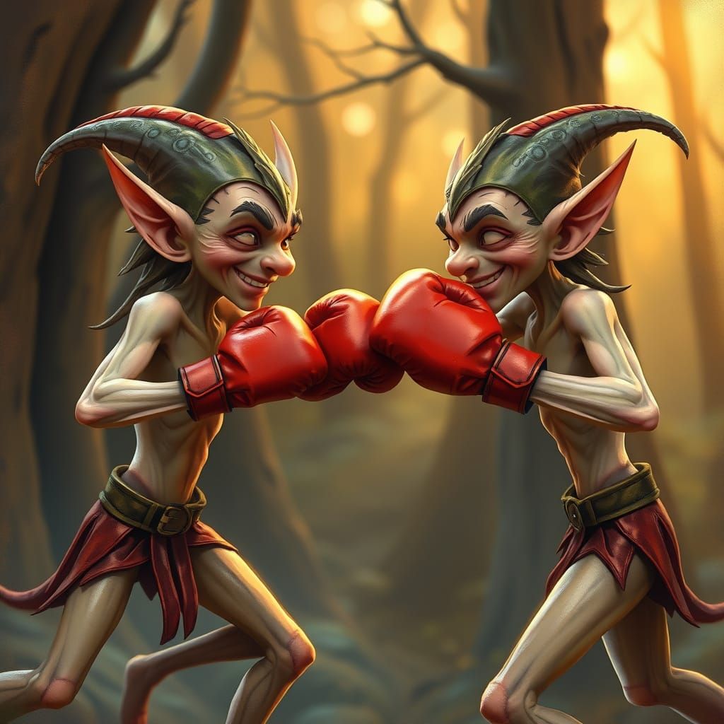 Mischievous Elves Engage in Whimsical Boxing Match in a Myst...