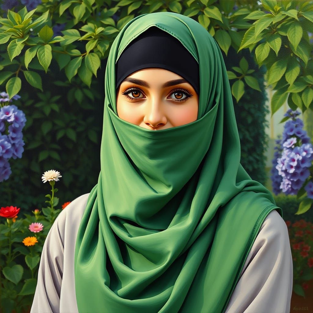 Oil Painting of a Friendly Hijabi Woman in Garden