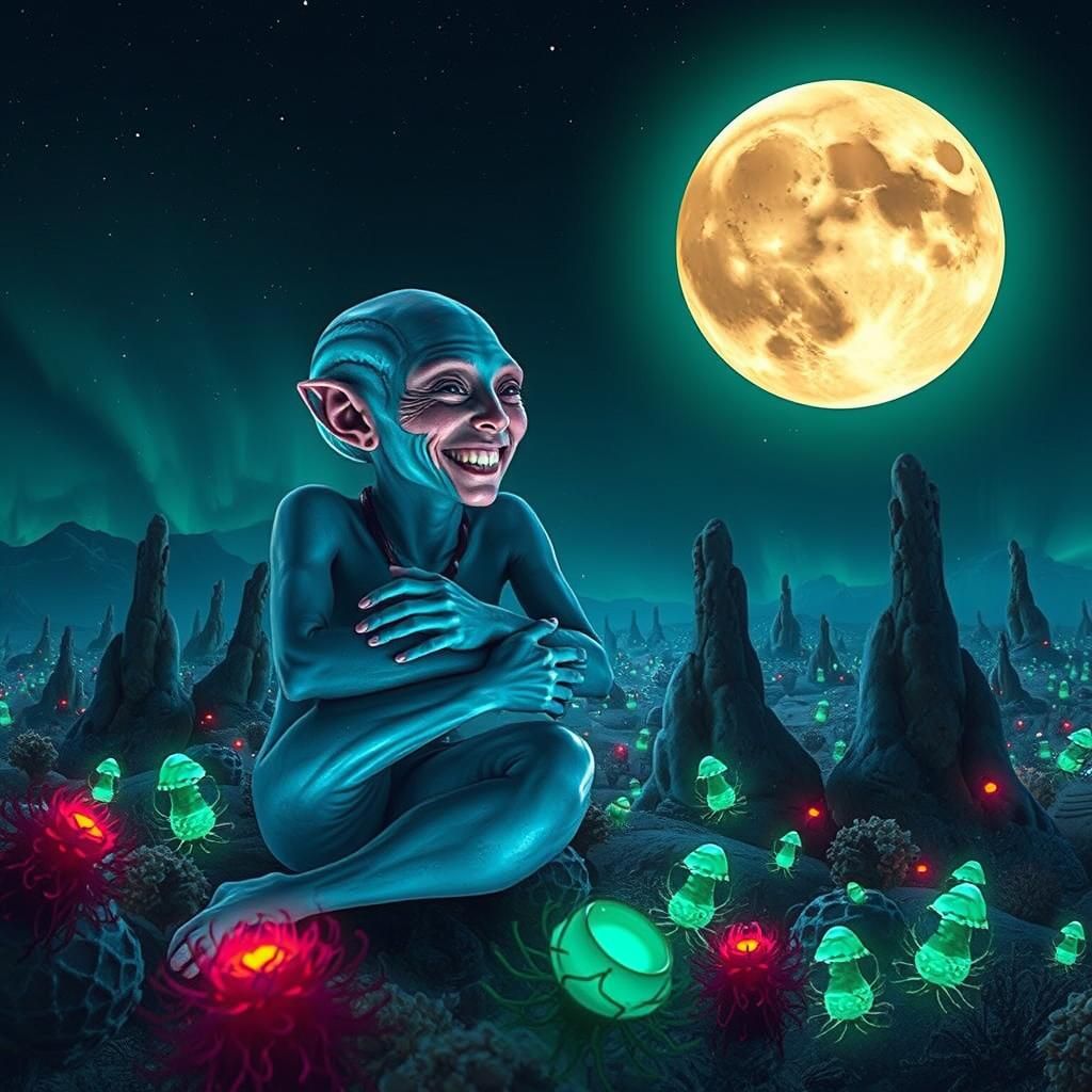 Alien Twins Embrace in Bioluminescent Extraterrestrial World