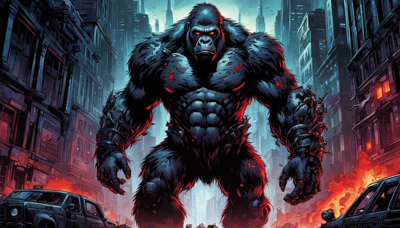 Cyborg Gorilla in Gothic City: Comic Book Art