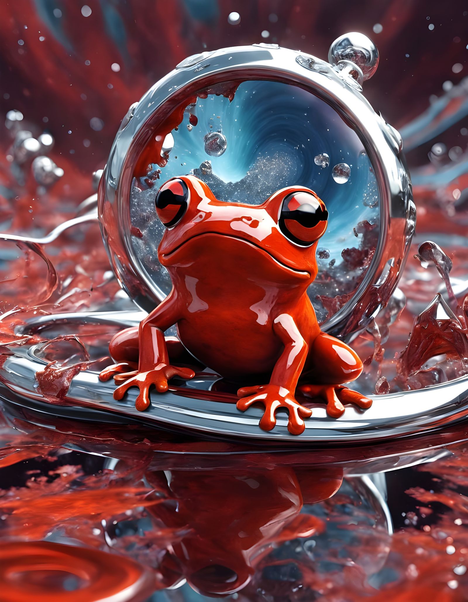 Surreal Red Frog on Chrome Slide in Crystal Nebula