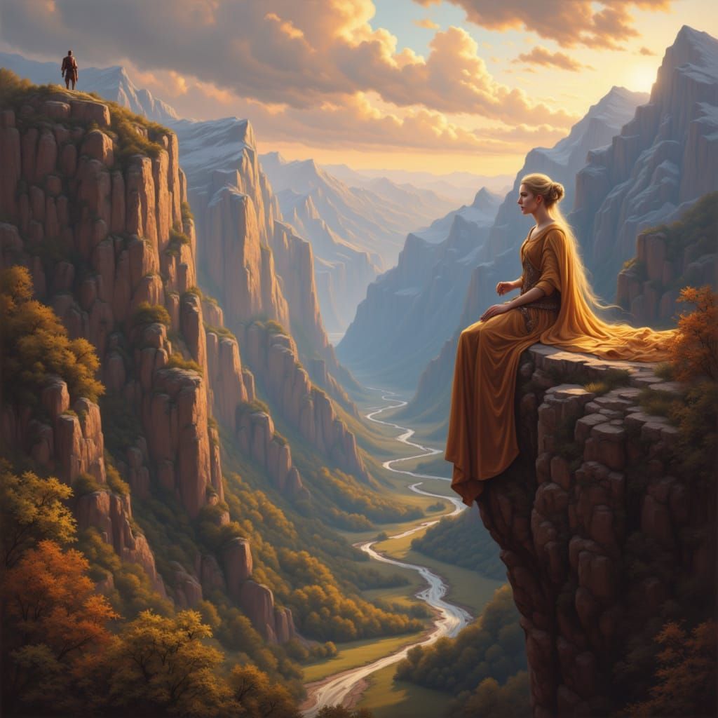 Giant Knight and Blonde Queen on Mountain Peaks