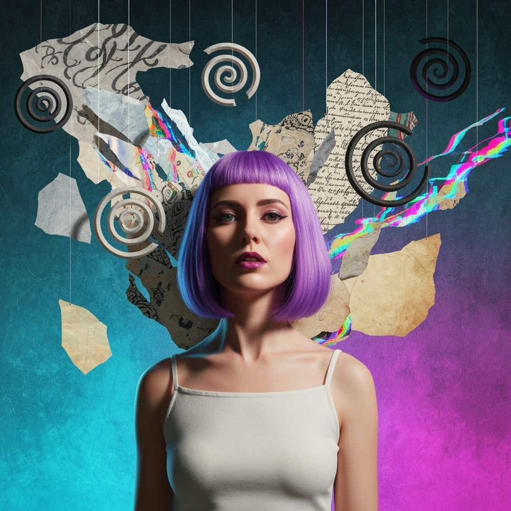 Surreal Woman with Purple Hair in Mixed Media Collage