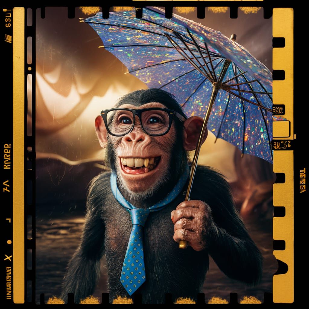 Chimpanzee with Umbrella: Cinematic Film Still