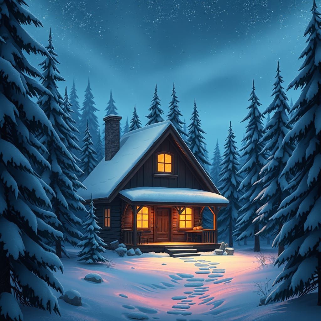 Cabin in Snowy Forest: Anime-Inspired Concept Art