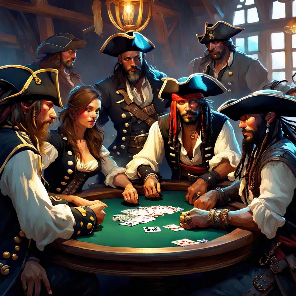 Pirates Playing Poker Portrait in Art Nouveau Style