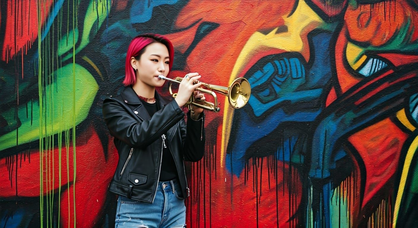 Woman with Pink Hair Plays Trumpet, Basquiat-Style Mural