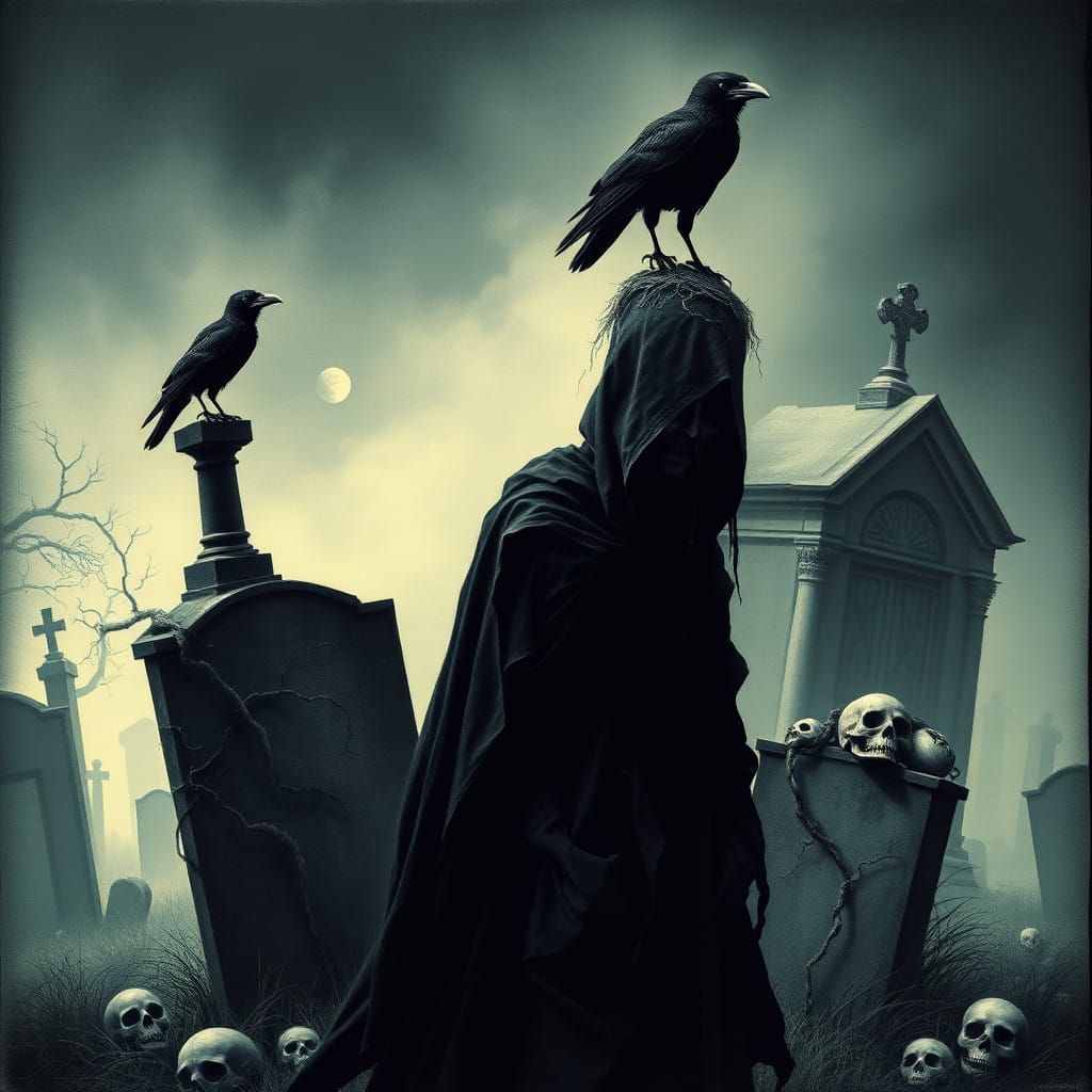 Gothic Surrealist Plague Doctor in a Haunting Cemetery Scene