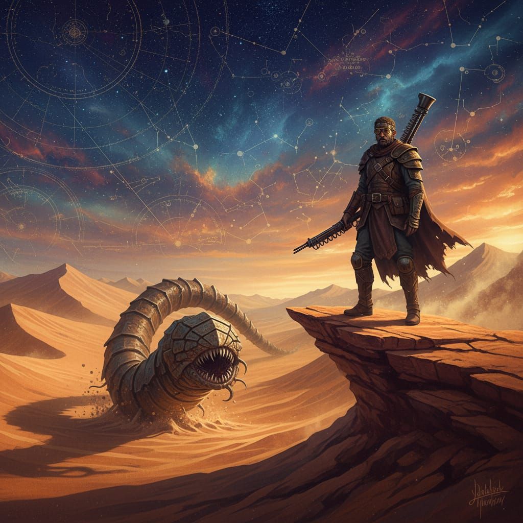Adventurer Watches Sandworm Under Celestial Map Sky