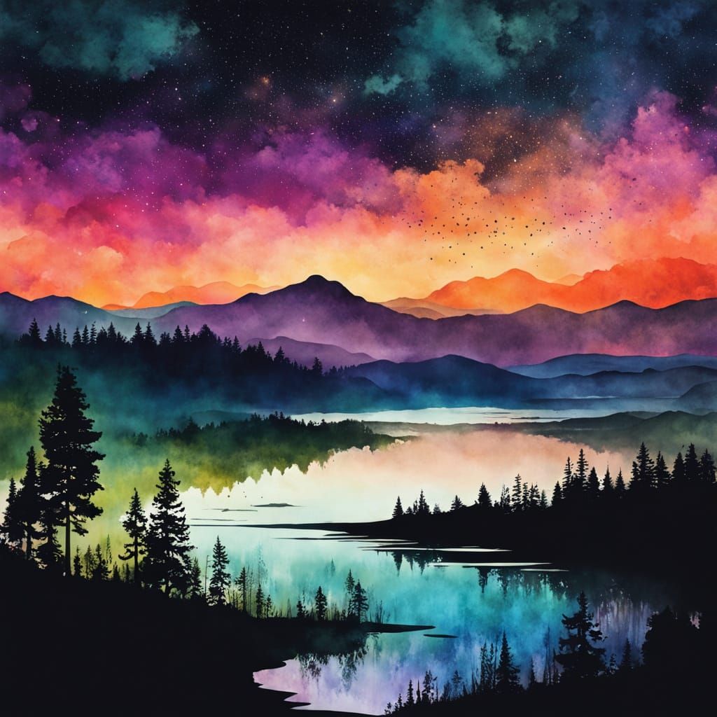 Lake at Midnight in Colorful Ink Painting