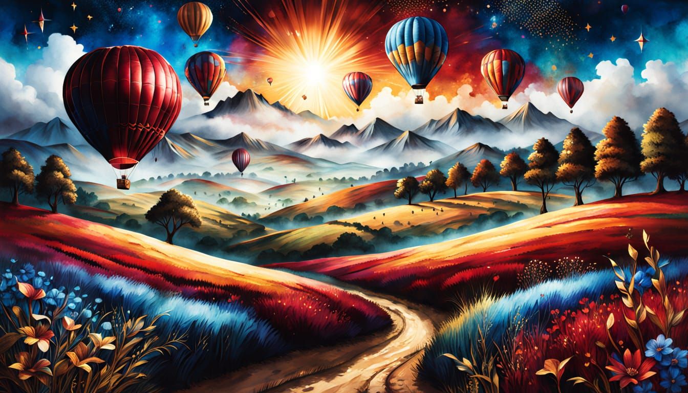 Maroon Hot Air Balloon in Alcohol Ink Style