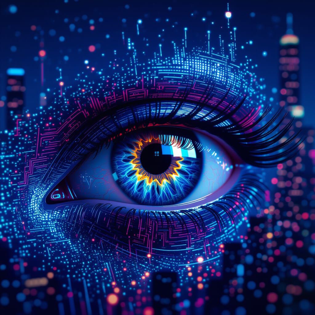 Eye Iris with City Lights: Futuristic Matte Painting