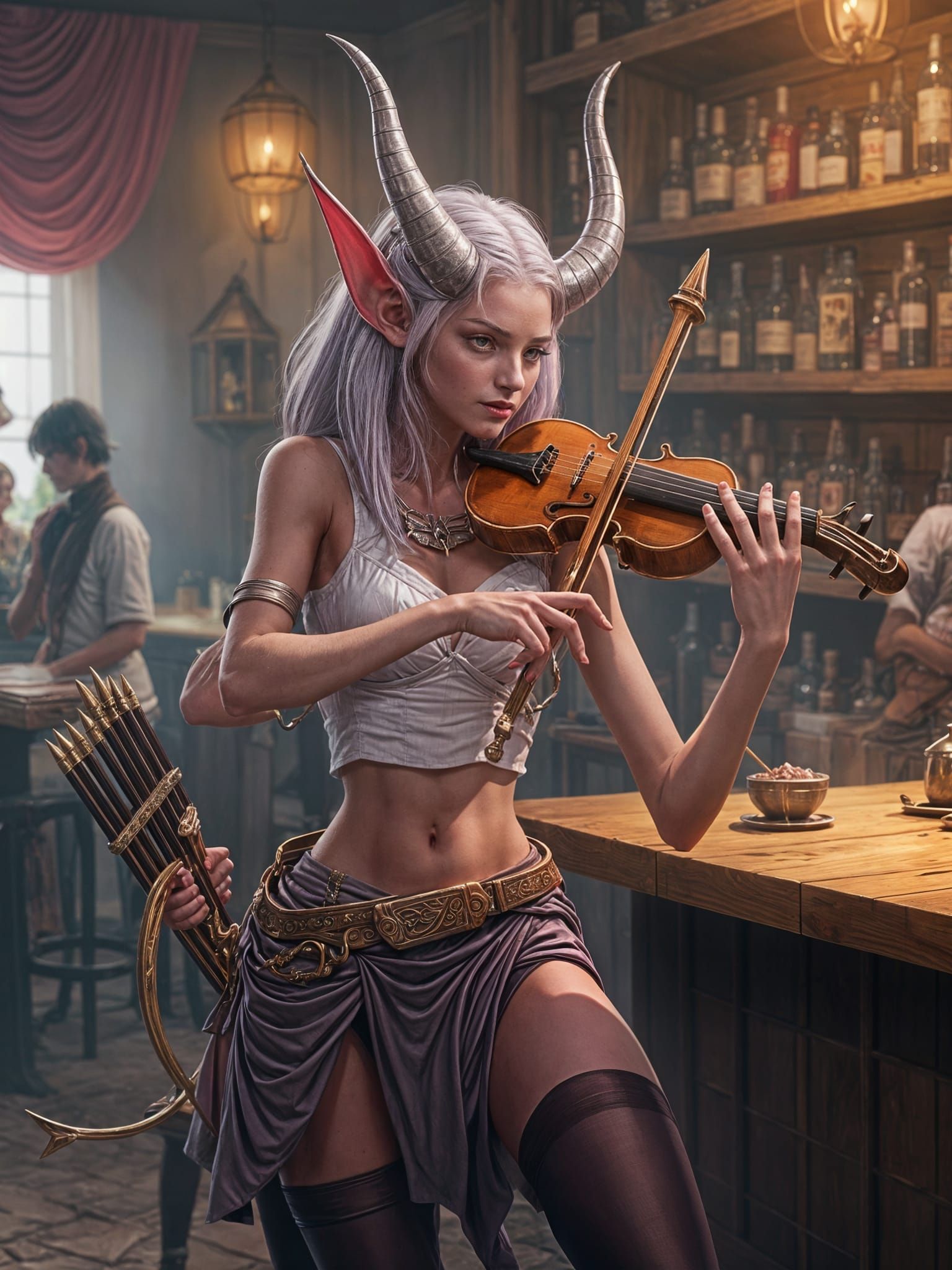 Tiefling Lyrist in Anime Tavern Setting