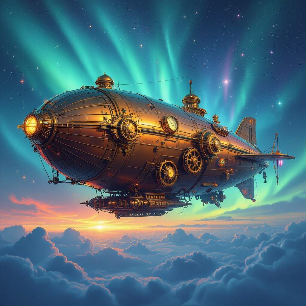 Steampunk Airship Drifting Under Aurora Borealis