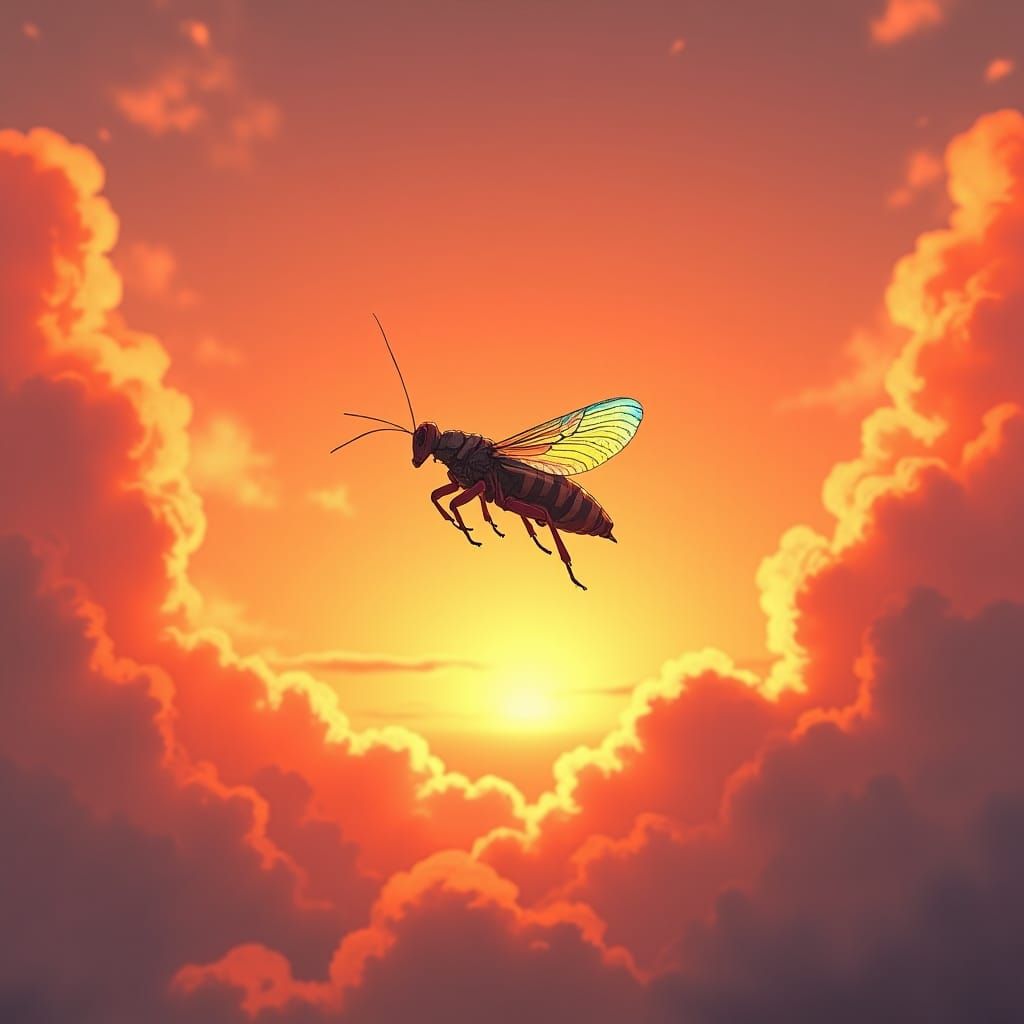 Cricket Soaring North at Sunset: Anime-Inspired Concept Art