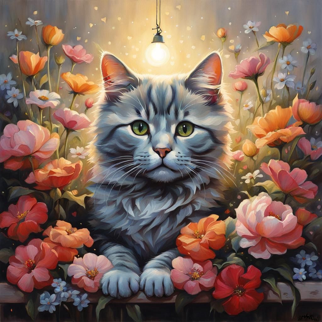 Cute Cat with Flowers in Fantasy Art Style