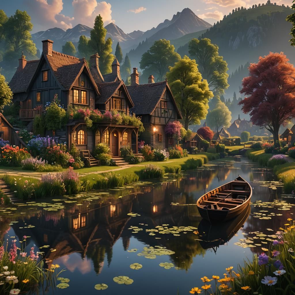 Serene Riverside Village at Dusk, Detailed Matte Painting