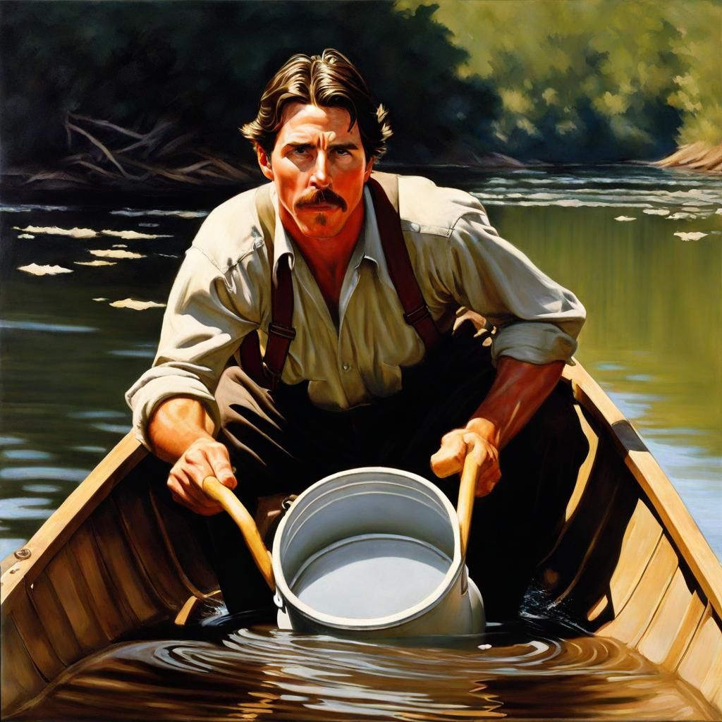 Christian Bale Bailing Water: Hyperreal Oil Painting