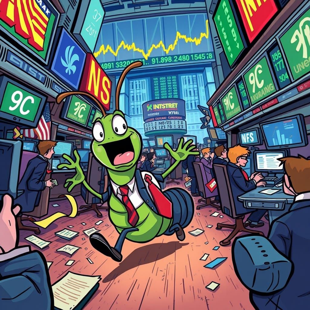 Caterpillar Navigates Chaotic Stock Exchange in Cartoon Styl...