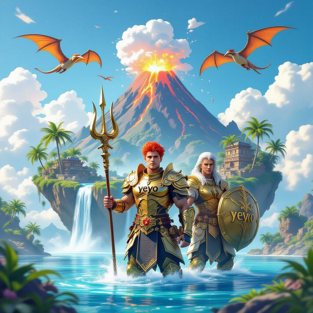 Floating Island Paradise with Erupting Volcano and Mythical ...