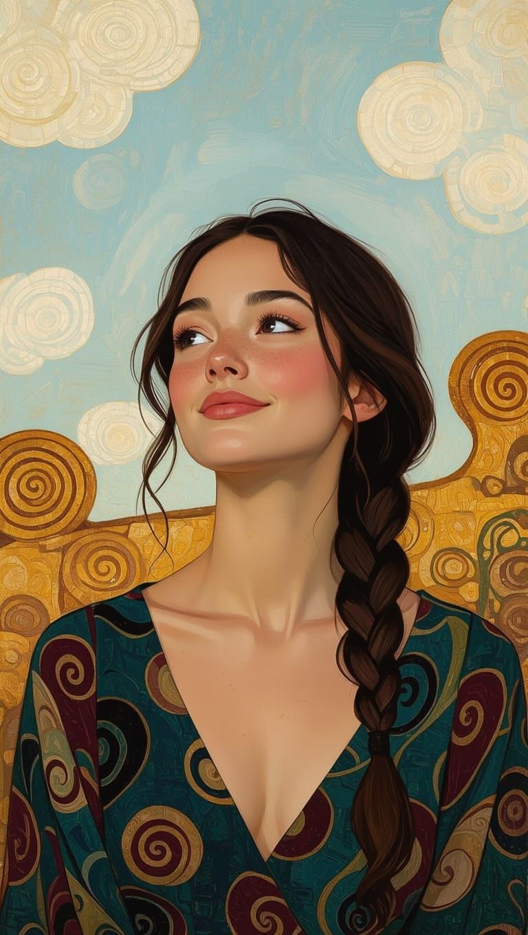 Young Woman in Vibrant Mixed-Media Portrait with Floral Patt...