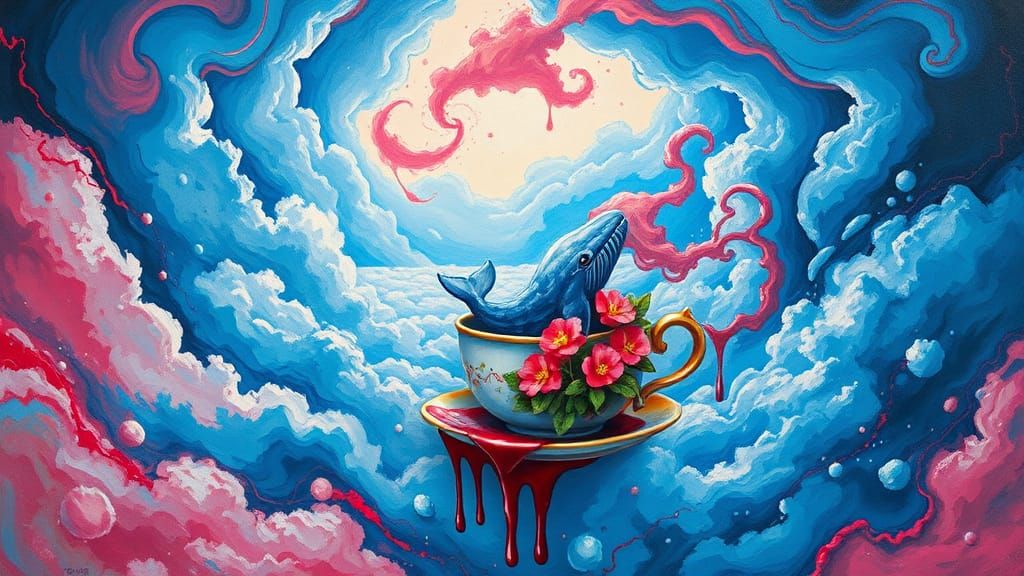 Surreal Teacup Whale Falling, Graffiti Splash Art