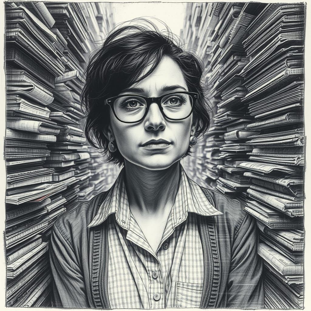 Mysterious Librarian in Double Exposure Charcoal Drawing