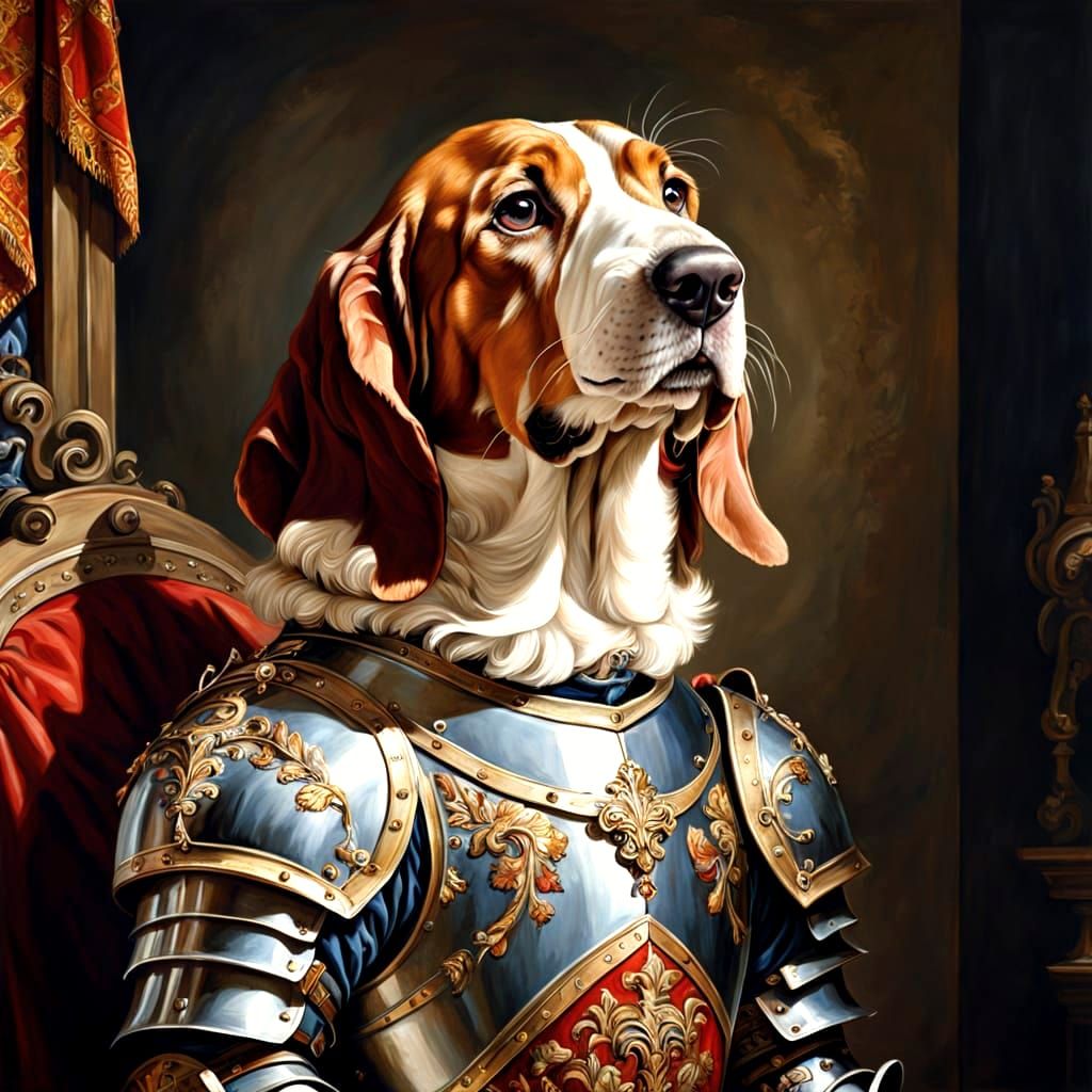 Basset Hound Knight in Royal Oil Portrait Style