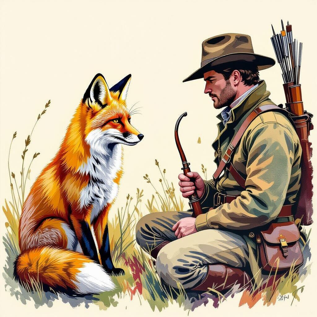 British Fox Hunter and Fox in Indie Art Style