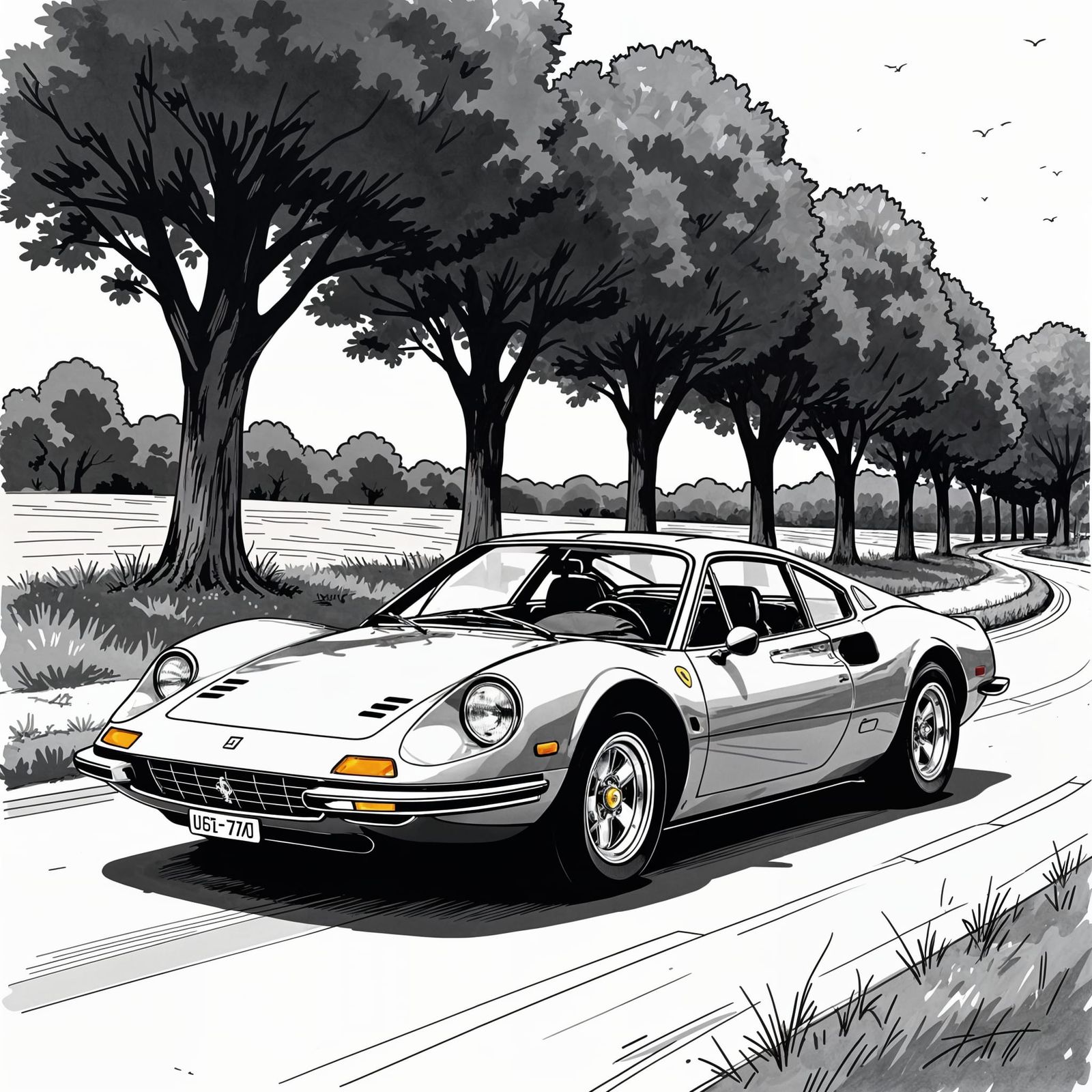 1974 Ferrari Dino 246 GT Line Drawing in Manga Style
