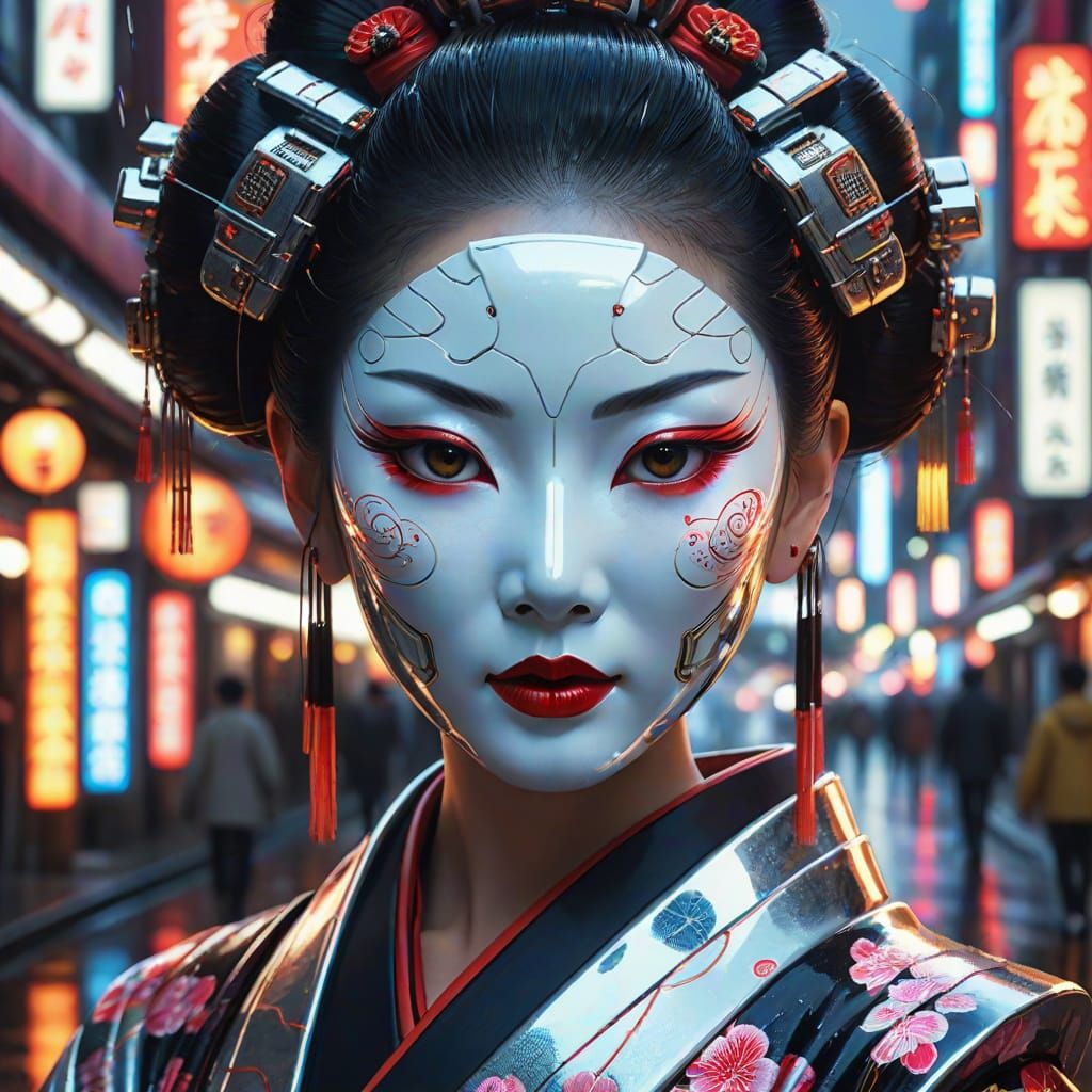 Cyborg Geisha Portrait in Futuristic Tokyo