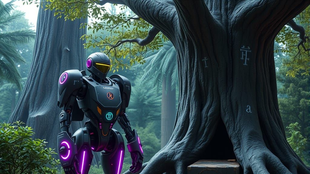 Futuristic Robot Meets Ancient Forest Guardian