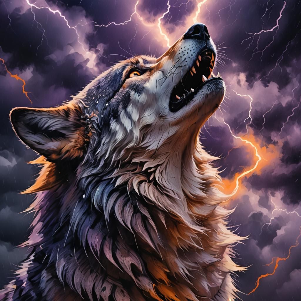 Double exposure. Wolf howling to the moon during a thunderst...