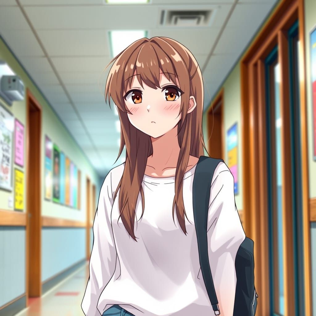 Anime Style Transfer Student in School Hallway