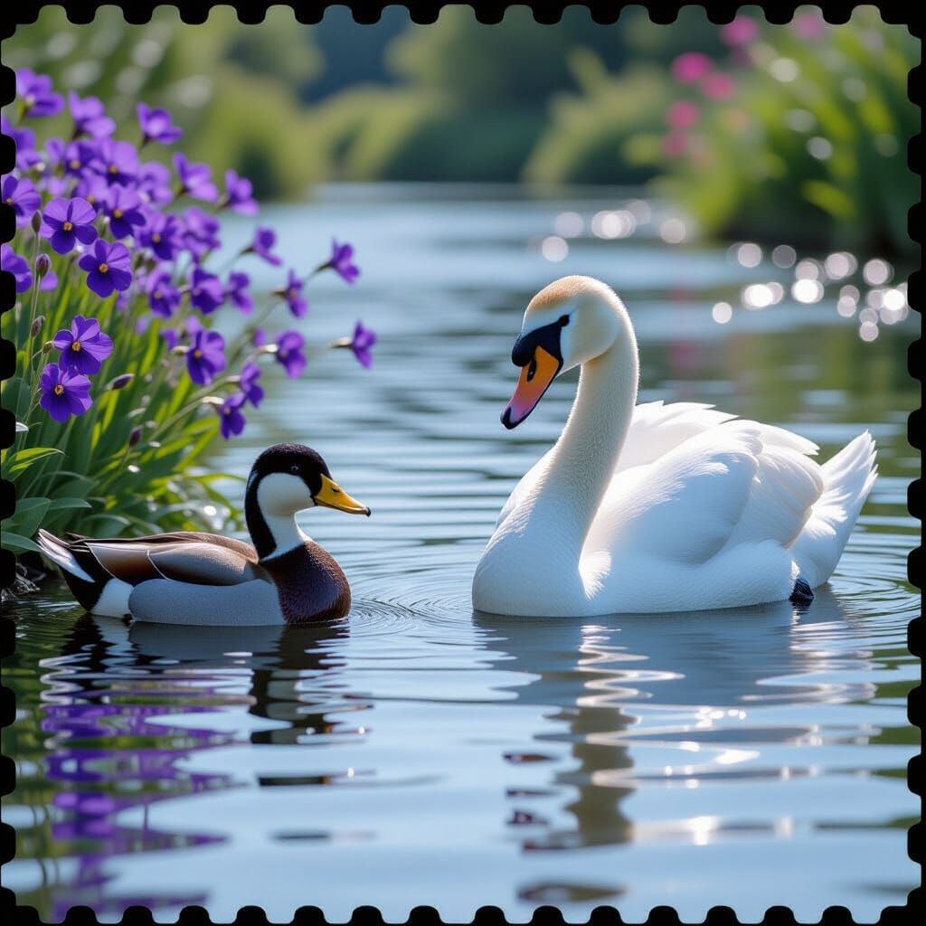 Swan and Duck Play Among Violet Flowers