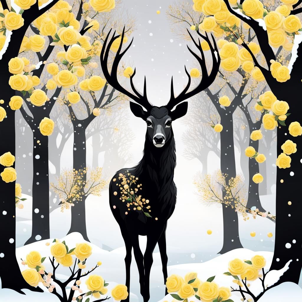 Winter Cherry Blossoms with Deer and Roses