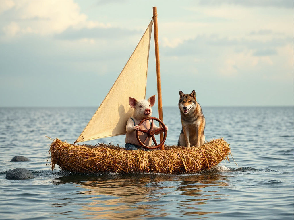 Hay Sailboat on Calm Ocean with Pig and Wolf