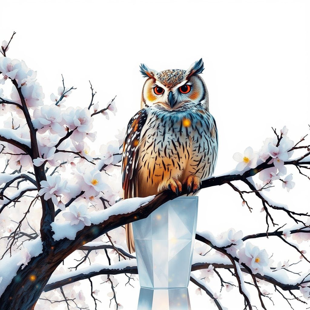 Crystal glass sculpture reflective catchlights Great horned Owl perched a snow covered blooming Sycamore tree