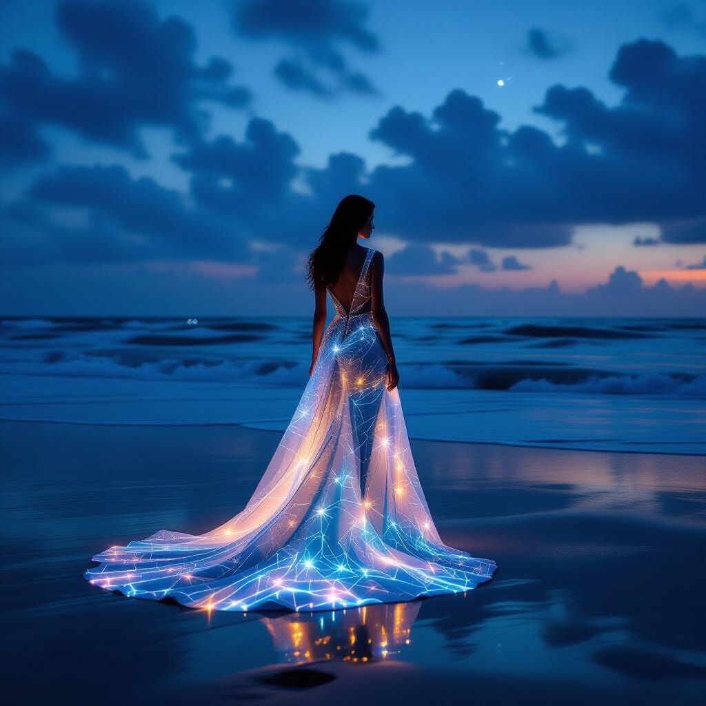 Bioluminescent Gown on Twilight Beach, Hyperrealistic Style