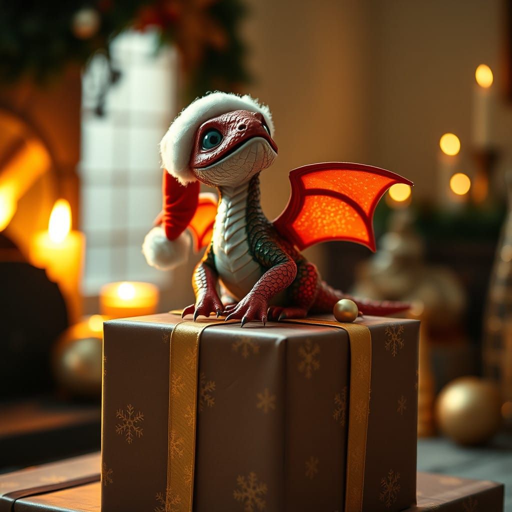 Surreal Christmas Scene with Baby Dragon perched on Gift Box