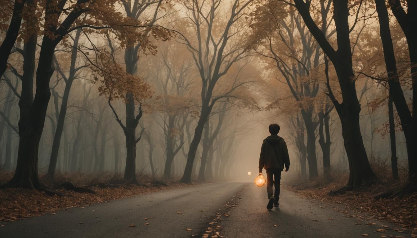 Ethereal Boy on Autumn Road in Dark Fantasy Style
