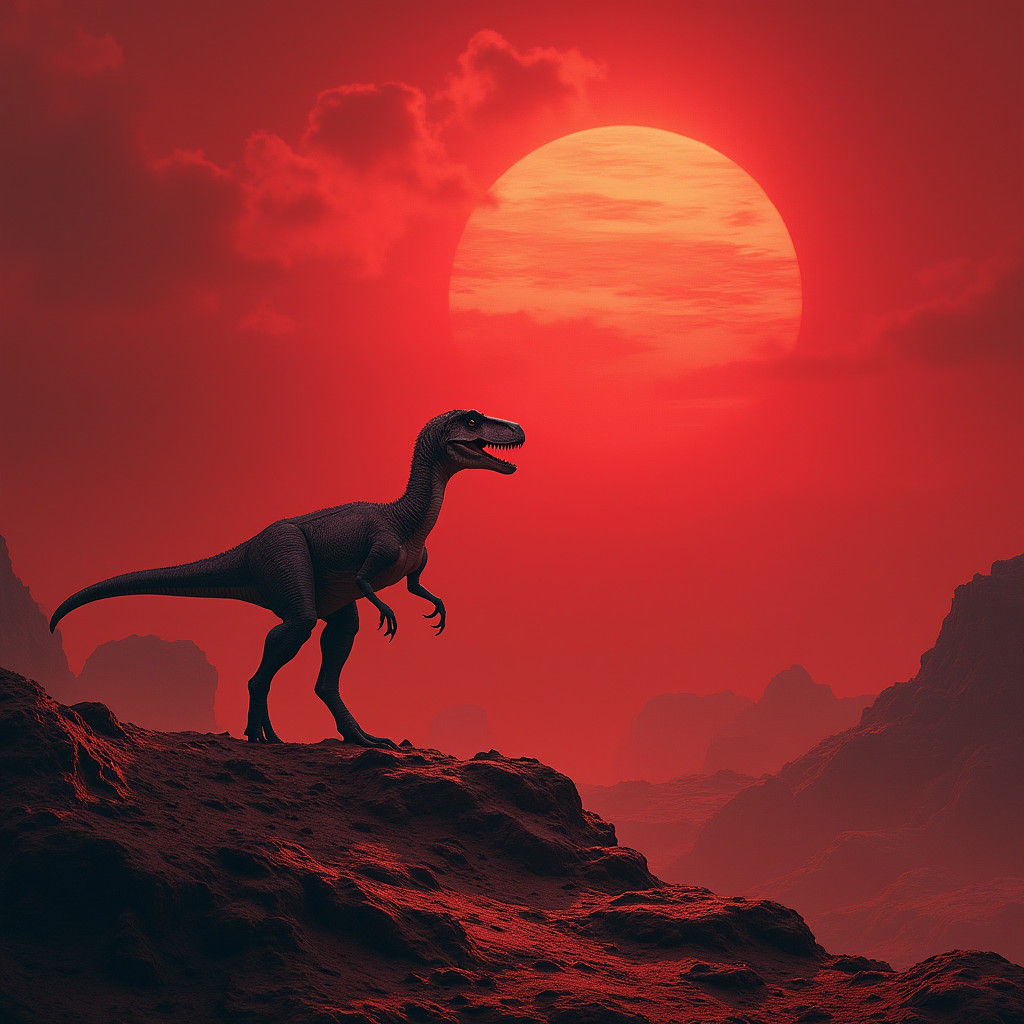 Velociraptor Silhouette Against Crimson Alien Sky